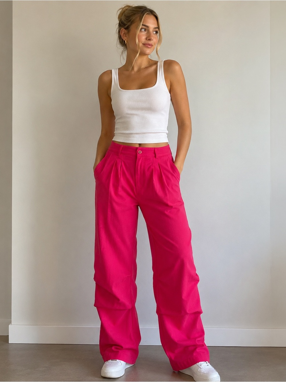 Wide Leg High-Rise Pants in Fuchsia